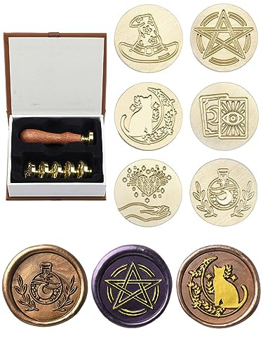 Yoption Wax Seal Stamp Gift Box Set - 6 Wiccan Copper Heads + Wooden Hilt, Vintage Kit for Invitations, Letters, Cards, Envelopes, Witchcraft