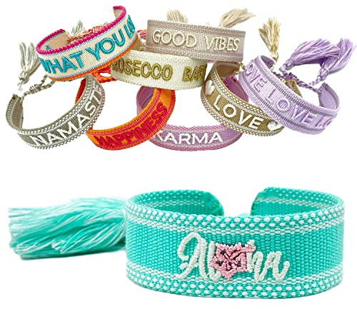 LS-LebenStil Exklusives Statement Armband - das Original - Aloha Türkis Weiß Rosa 16-20cm Quasten besticktes Boho Canvas Webarmband Damen Freundschaftsarmband Geschenk gewebt textil Stoffarmband