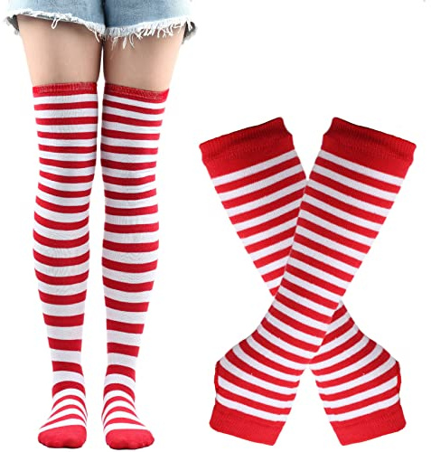 Thajaling Calzini da donna, guanti senza dita a righe Set di calzini alti fino al ginocchio,ragazze Cosplay a strisce calze lunghe guanti buco per Halloween (Rosso/Bianco)
