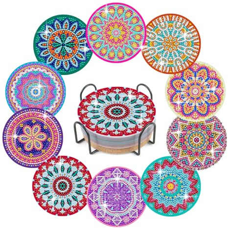 YAOYIN® Diamond Painting Untersetzer, 5D Set für Kinder und Erwachsene, 10er DIY Bastelset mit Halter, Mandala-Untersetzer, Basteln für Mädchen 8-12 Jahre, Geschenke