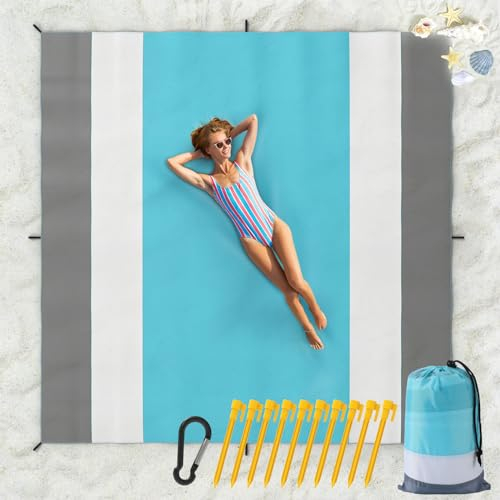 MoKo Stranddecke, 300 x 300cm Tragbare Sandfeste Picknickdecke für Erwachsene mit 10 Stangen und 4 Ecktaschen, Schnell Trocknende Reisedecke für Reisen, Camping, Strandurlaub, Mintgrün & Weiß & Grau