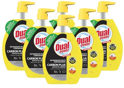 Detergente Piatti Concentrato, CARBON PLUS, Ideale Per Stoviglie Incrostate. Con Carbone Attivo e Succo Di Limone. Elevato Potere Sgrassante. Senza Microplastiche 600ml (6 Unità)
