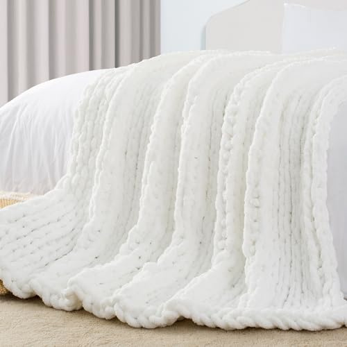 Carriediosa Tjock stickad filt 152 cm x 203 cm tvilling, 100 % handgjord stor Chenille-ögla garn mjukt fluffigt överkast för bäddsoffa, stor virkad mysig tung tjock kabel vävda filtar, snövit