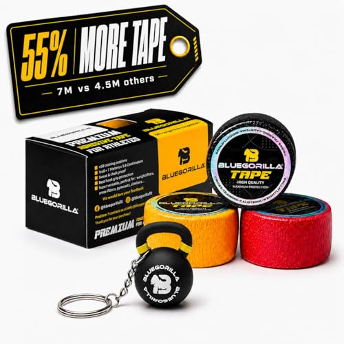 BLUEGORILLA Tape CrossFit Elástico (Pack 3 Rollos) - Esparadrapo Deportivo Flexible para Hook Grip y Dedos - Incluye Llavero de REGALO- 3.8cm x 7mtr.