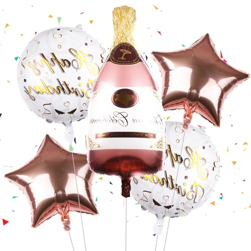 FUIPVGI 5 Pcs Champagne Balloon Set - Rose Gold Star Foil Balloons, Champagne Bottle & Wine Alcohol Themed for Birthday Party Decorations