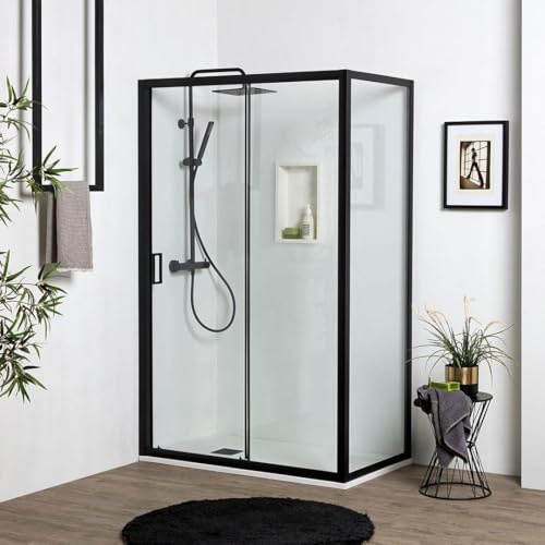 Puerta de ducha de nicho de 140 cm con lado fijo de 80 cm en negro mate con apertura reversible | City