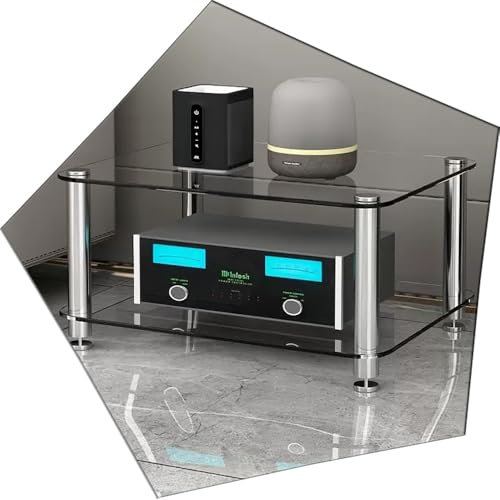 ZIUSFAC Étagère Média AV Media Étagères en Verre Transparent Audio Armoire D'équipement Stéréo Armoire De Composants 1/2/3 Niveaux Meuble pour Console DVD Player(Transparent,2 Tier)