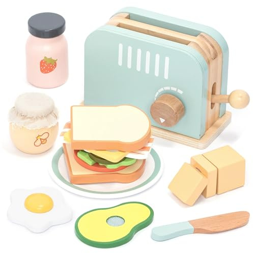 UMU® Grille-Pain en Bois et Sandwich - avec Grille-Pain Pop-up, Coupe Beurre, Accessoires de Cuisine pour Enfants, etc. - Jouet en Bois pour Enfants à partir de 3, 4, 5, 6 Ans