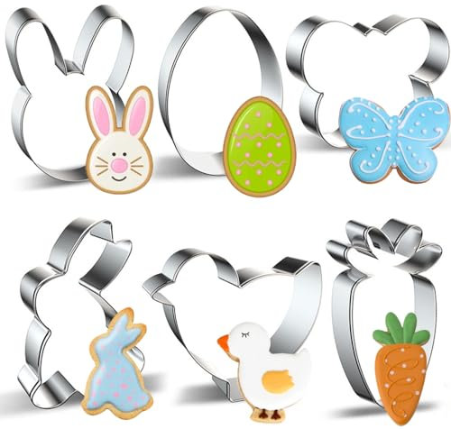 Easter Cookie Cutters Large Set of 6 - Egg, Chick, Carrot, Rabbit, Bunny Face, Butterfly Shapes - Stainless Steel Biscuit Molds for Spring Holiday Baking
