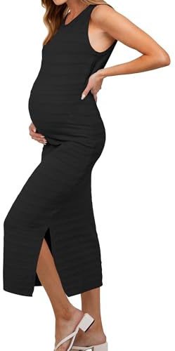 OUGES Women's Maternity Dress for Photoshoot Maxi Knit Nursing Dresses Breastfeeding Bodycon Sweater Clothes -XL Black