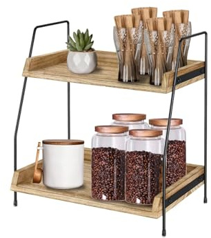 Eidoct 2 Tier Coffee Station Organizer Wooden Kitchen Counter Shelf | For Countertop Coffee Bar Accessories Organizer, Coffee Condiment Storage for Bathroom,Kitchen,Coffee Bar,Holiday Decorations