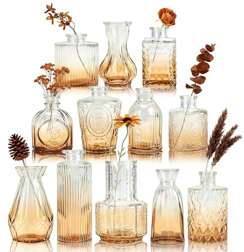 BTSD-home Bud Jarrones en jarrón de cristal a granel para centros de mesa, juego de 12 jarrones pequeños de flores mini vintage para bodas rústicas, decoración de mesa para el hogar (ámbar)