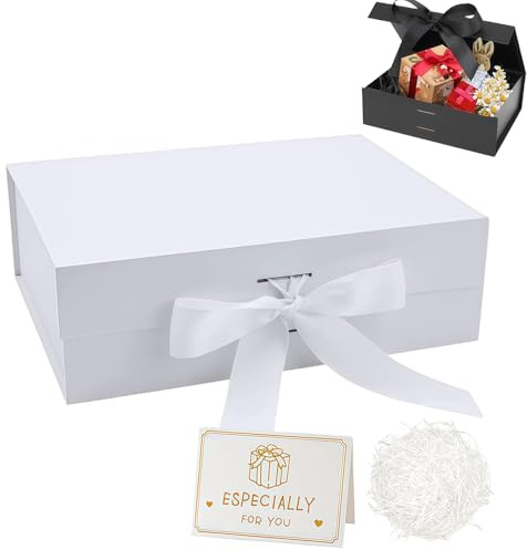 White Gift Box with Lids 22x16x8.8 cm,Magnetic Gift Box Luxury Present Box with Ribbon Greeting Card Shredded Paper for Holidays Wedding Birthday Gift Packaging Party Gift Boxes