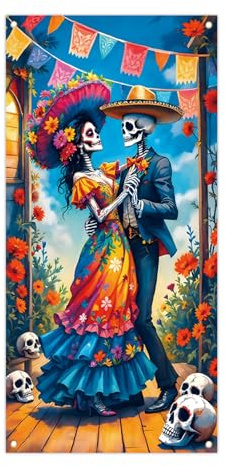 Toile de fond Jour des morts, bannière de couple de squelette, fond de fête en sucre pour Día de los Muertos, décorations de fête mexicaine, accessoires de photomaton d'Halloween (180 x 90 cm)