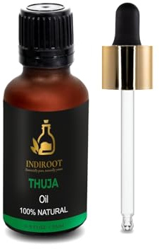 INDIROOT Thuja Essential Oil, 100% Natural, Amber Glass Bottle with Dropper (0.5 Fl Oz/15ml, Thuja)