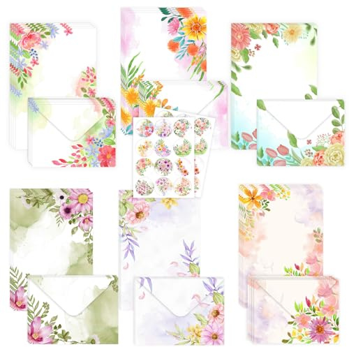 72 Pièces Papier à Lettres Avec Enveloppe Set, 24 Papier a Lettre avec 24 Enveloppes Assorties et 24 Autocollants de Fermeture, Papeterie Colorée, Motif Floral Aquarelle, pour Cadeaux Invitation