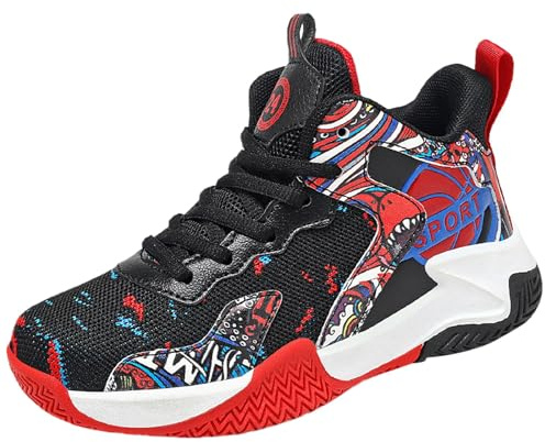 Scarpe da basket estive per ragazzi, in rete traspirante, con lacci, stampa graffiti, suola in gomma antiscivolo, leggere, imbottite, per scuola, allenamento e sport all'aria aperta, per bambini dai 9