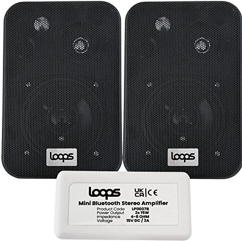 Loops LoopsDirect - 2x 70W 4” Black Wall Mounted Bluetooth Speaker System & Amplifier Kit – HiFi Active Amp – Stream Wireless Audio Quality Music Home System – Indoor Speakers