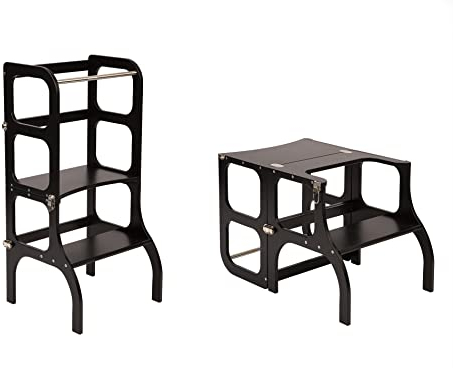 Ette Tete STEP'n'SIT® • Wandelbare Montessori Lernturm + Tisch, 2 in 1 (mit Silberverschlüssen, Schwarz)