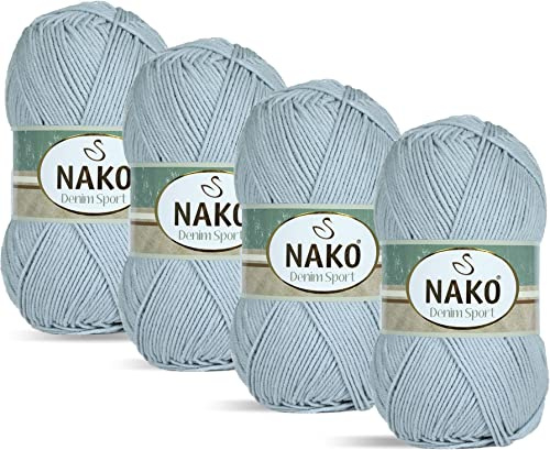 Nako Denim Sport, Bomull Kiniting-garn, stickrep du kan få en jeanslook, (4bollar) varje Skein(boll) 100 g (100 g), du kan använda den i din Amigurumi, dekorativa flätor (ljusgrå 1946)