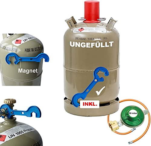 Bluecraft Camping Propan-Gas-Flasche 11kg leer befüllbar, Gasregler-Schlüssel mit Magnet für Gas-Grill, Gas-Kocher, Gas-Ofen, Wohnwagen, (11kg Flasche mit Schlüssel, Gasschlauch und Gasregler)