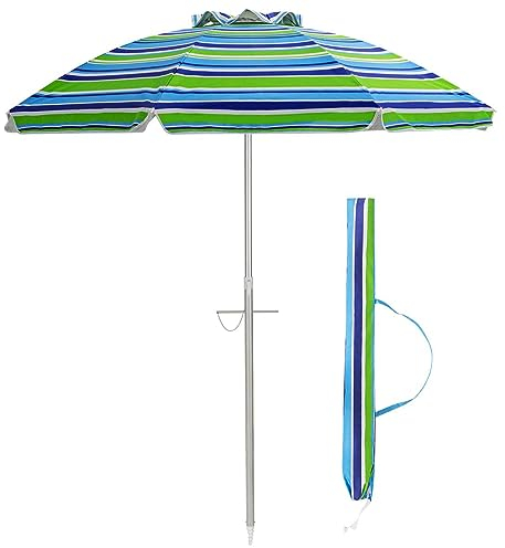 KOMFOTTEU Parasol de plage, diamètre : 198 cm, parasol de jardin, protection solaire UV50+, parapluie de plage, pliable et léger, avec sac de transport, parasol de terrasse, sans pied, bleu/vert