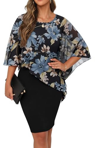 QIXING Damen Chiffon Cape Cocktialkleid Rundhals Ausschnitt Bleistiftkleid Sommerkleid Damen Knielang Elegant Abendkleid Mit Overlay Casual Bodycon Kleider (Blaue Blume-Schwarz, M)