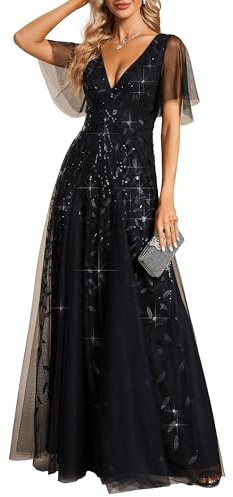 Ever-Pretty Women's V Neck Short Sleeve Elegant Floor Length A Line Long Tulle Evening Dresses Black 12UK