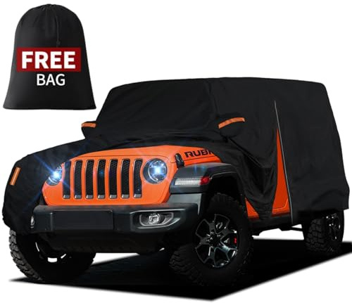 FiveFox Waterproof Car Cover for Jeep Wrangler 2 Door 1987-2024 2025 JK JL TJ YJ CJ Sahara, Upgraded Outdoor Full Exterior Sun Rain Snow Hail Protection with Driver Door Zipper