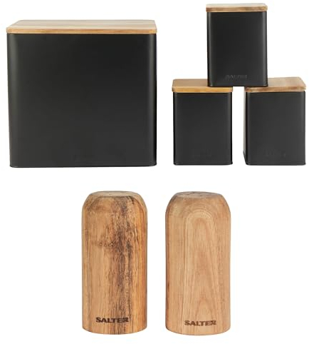Salter COMBO-9237 Toronto Canisters & Salt and Pepper Shakers – Bread Bin, Tea, Sugar, Coffee Storage Jars, Countertop Organiser Containers, Set of 2 Spice Shaker, Compact, Acacia Wood, Black