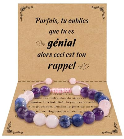 VGWON Cadeau Femme, Bracelet Pierre Naturelle, Idee Cadeau Femme, Cadeaux Ado Fille, 8 mm Quartz Rose Améthyste Agate Bleue, Anniversaire Noel Original Utile Amie Maman Soeur