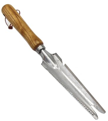 Voarge Cortador manual de malas hierbas con mango de madera, cabezal de acero inoxidable con medida para jardín, revertir, trasplantar, deshierbar, raíz