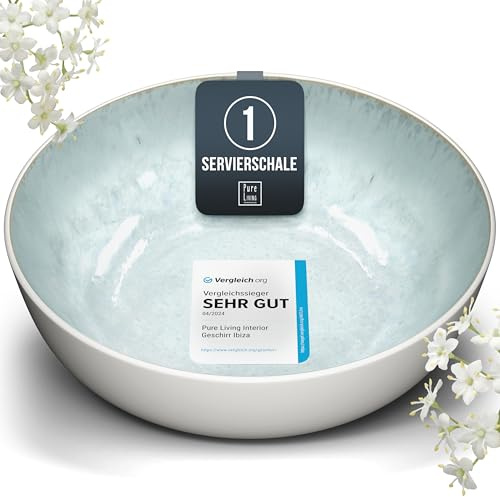 Steingut Servierschüssel Ibiza TESTSIEGER, Traumhafte Mediterrane Salatschüssel, Servierschale - Bowl Schüssel Groß, Salatschale - Pure Living in Blau-Beige