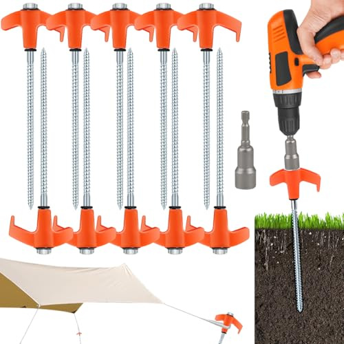 10 Pcs 8 Inch Screw in Tent Stakes Tent Pegs Heavy Duty, Camping Stakes for Inflatables with Hex Head Driver, Ground Stakes Tent Spikes for Camping Patio, Garden, Beach, Grassland, Outdoor(Orange)