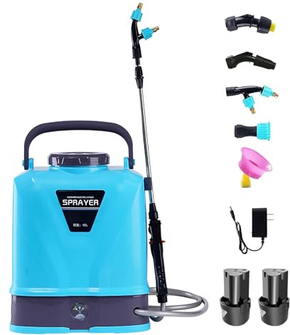 Spruzzatore a pressione da 10 litri, spruzzatore a batteria con 5 ugelli per nebbia, manico USB ricaricabile e lancia retrattile, spruzzatore a pressione per prato e giardino (batteria*2)
