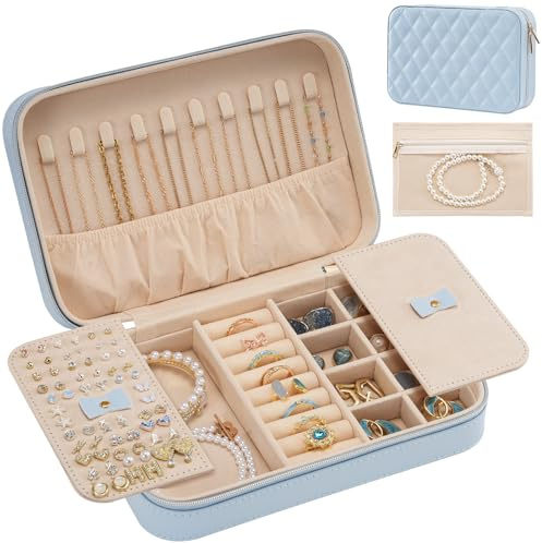 Lolalet Travel Jewelry Case for Women Girls, Travel Jewelry Organizer Box with Mirror & Clear Storage Bag, Small Portable Earring Necklace Bracelet Ring Case, Birthday Valentine Gifts -Medium, Blue