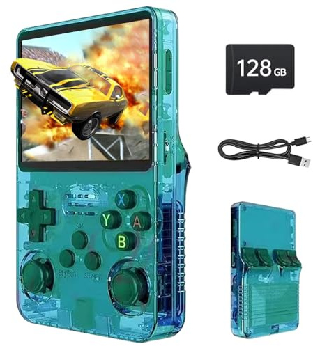 Febotak R36S - Console da gioco retrò portatile con schermo IPS da 3,5, 128 GB di memoria, oltre 40.000 giochi, basato su LINXU Open Source ARKOS, batteria da 3500 mAh (Macaron verde trasparente)