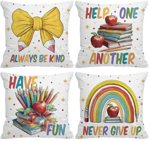 GAGEC Calming Corner Pillow Covers 18x18 Inch Classroom Pillows Rainbow Book Indoor Throw Pillowcase Couch Cushion Case for Therapy Office Decor Home Reading Room School Gifts Set of 4