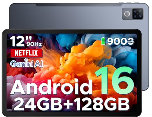 DOOGEE U12 Android 16 Tablet 12 Zoll, 9000mAh, 90Hz Display, Gemini AI, UNISOC T7255 Octa Core Tablet PC, 24GB RAM+128GB ROM (2TB), 13MP+8MP, 7,8mm Ultradünn, WiFi 5/Widevine L1/ GPS/Face ID/OTG/FM
