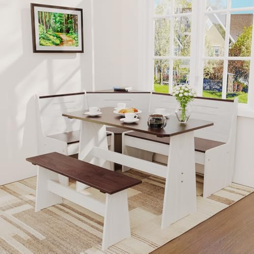 Gracava Breakfast Nook Table Set for Kitchen - Bench Seating for Dining Room with Space Saving Solid Wood L Shaped Corner Dining Table Set Apartment for 4 to 6 People - White Brown