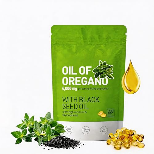 Gélules d'Huile d'Origan et Nigelle - Extrait d'Origan (Équivalent à 6000 mg) avec Huile de Graines Noires (200 mg) - Riche en Carvacrol - Sans OGM ni Gluten - 300 Capsules Molles