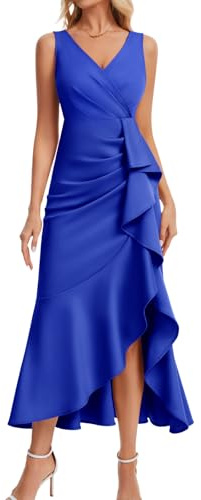 DRESSTELLS Cocktail Dresses for Women, Summer Formal Wedding Guest Evening Gown Party Prom Bridesmaid Elegant High Low Split Ruffle Maxi Dress 2026 RoyalBlue L