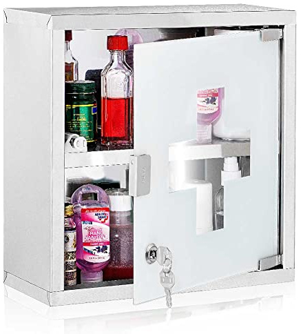 BAKAJI Armadietto Porta Medicinali Mobiletto Primo Soccorso in Acciaio Inox e Vetro Satinato Colore Silver (30_x_30_ cm)