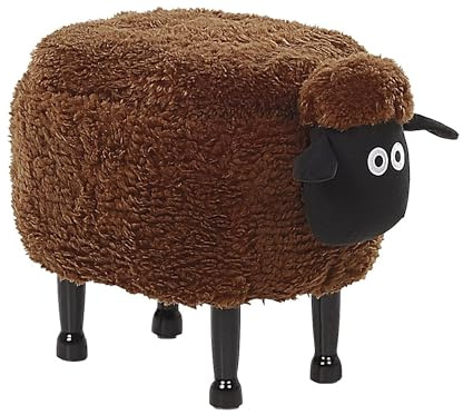 Beliani Pouf Tabouret pour Enfant en Forme de Mouton en Tissu Marron et Pieds Bois avec Coffre de Rangement