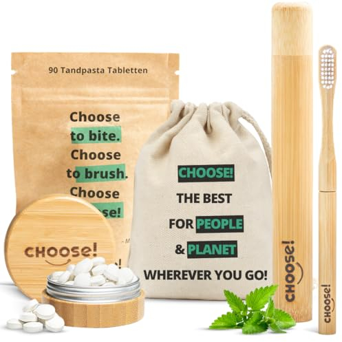 CHOOSE Travel Gift Box - Zahnputztabletten, Bambus Zahnbürste, Zahnbürstenetui, Aufbewahrungsbox & Reisetasche | Zahnpasta Tabletten 6 Wochen Vorrat | Reisezahnbürste | Vegane | Nachhaltige Geschenke