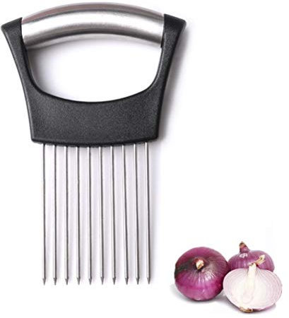 Merkts Cortador de cebolla, soporte de cebolla, inserto de cebolla de acero inoxidable 304, aguja de corte de cebolla, aguja de carne de pino, cortador de verduras de horquilla, herramienta de cocina