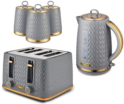TOWER Empire Grey Kitchen Set Including Jug Kettle, 4 Slice Toaster and Set of 3 Tea, Coffee & Sugar Canisters. Matching Art Deco Design Kitchen Set of 5 Items in Grey with Brass Accents
