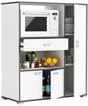 Mueble Auxiliar de Cocina BELHO, Blanco, 90 x 40 x 112 cm, Hueco para Microondas, 3 Puertas, Cajón y Estantes, Despensa-Alacena