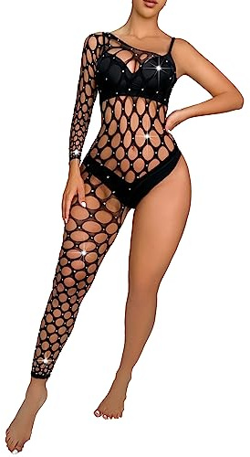 CHICTRY Body Lingerie Femme Résille Fishnet Transparant Jumpsuit de Nuit Strass Asymétrique Combinaison Collants Une Épaule Bodysuit Hollow Out Cadeau A Noir Taille unique