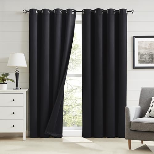 Beauoop Schwarz Blickdicht Vorhänge für Wohnzimmer Einfarbig Verdunkelungsvorhänge Gardinen mit Ösen Thermogardine Lichtundurchlässig Dekoschal für Schlafzimmer 2er Set, 245 x 140 cm (H x B)